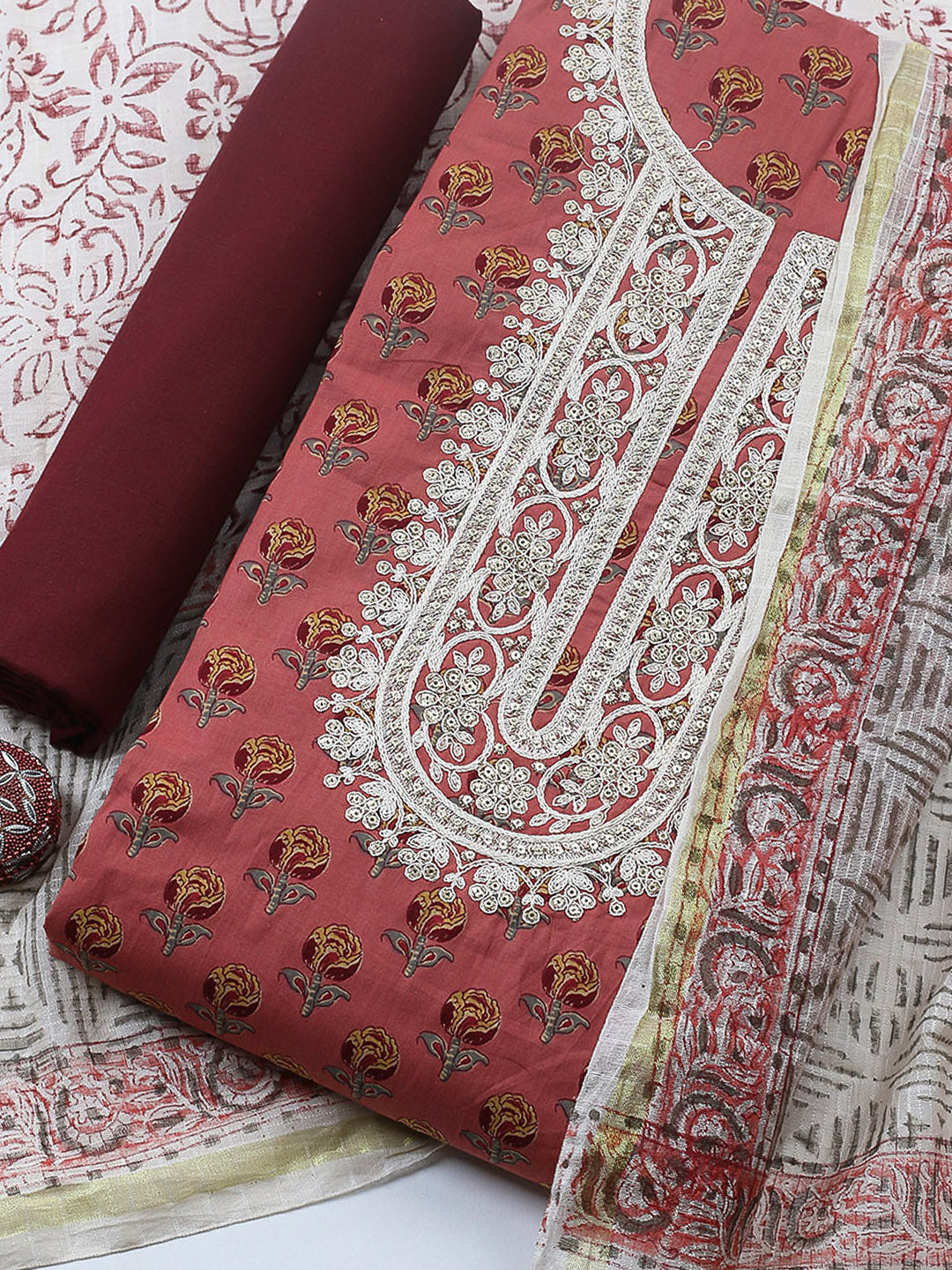 Printed Cotton Blend Unstitched Suit With Pant &amp; Dupatta