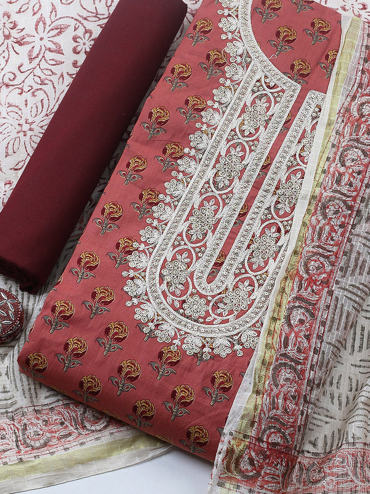 Printed Cotton Blend Unstitched Suit With Pant &amp; Dupatta