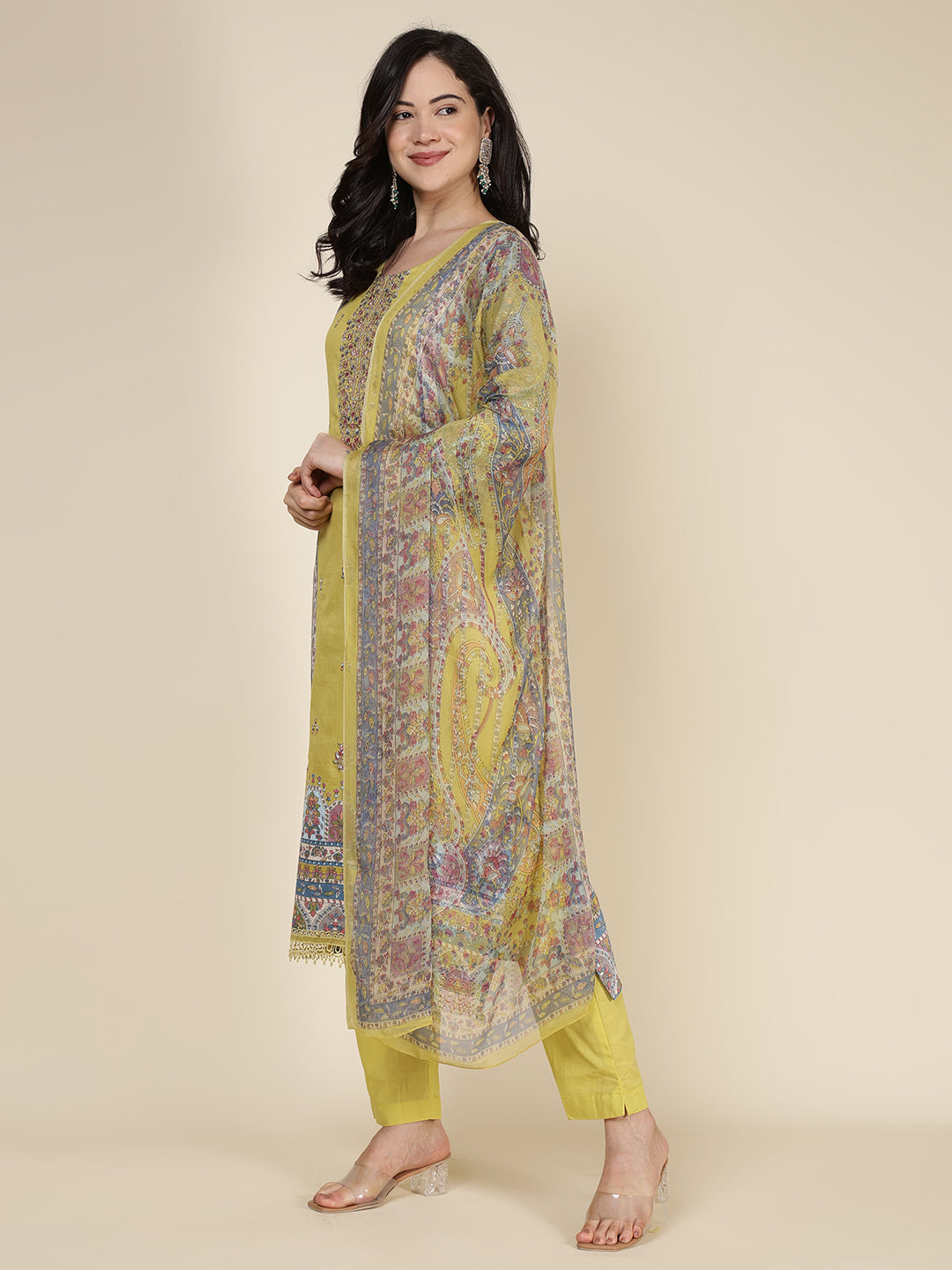 Printed Cotton Blend Kurta With Pants &amp; Dupatta