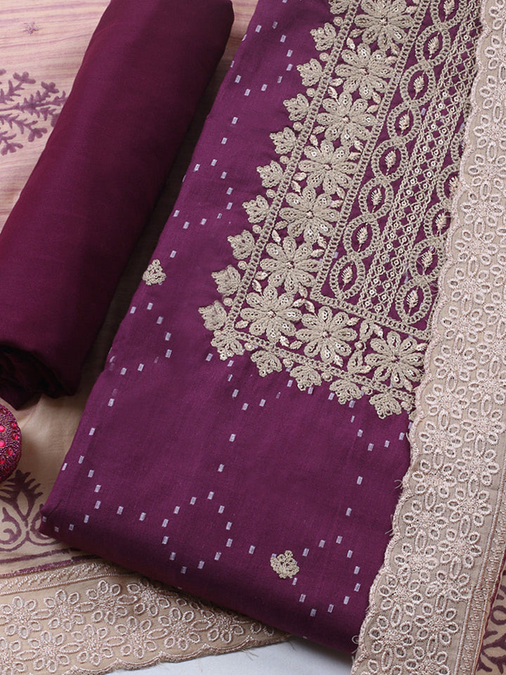 Embroidered Cotton Blend Unstitched Suit With Pant &amp; Dupatta