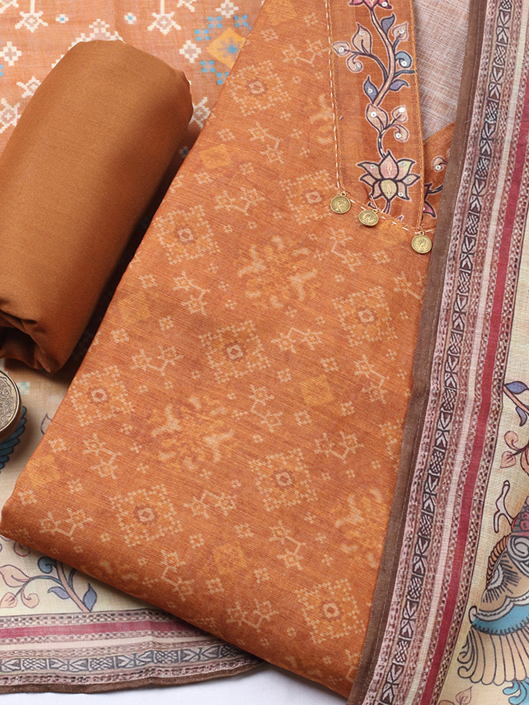 Embroidered Linen Blend Unstitched Suit With Pant &amp; Dupatta