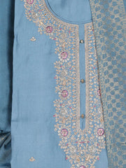 Embroidered Chanderi Grey Blue Unstitched Suit With Pant & Dupatta