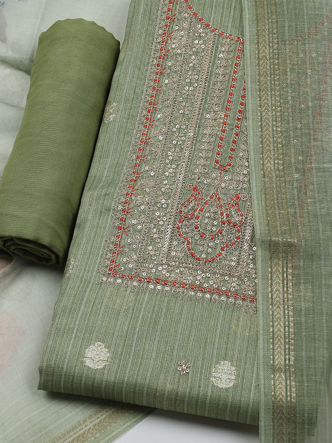 Embroidered Chanderi Unstitched Kurta With Pant & Dupatta