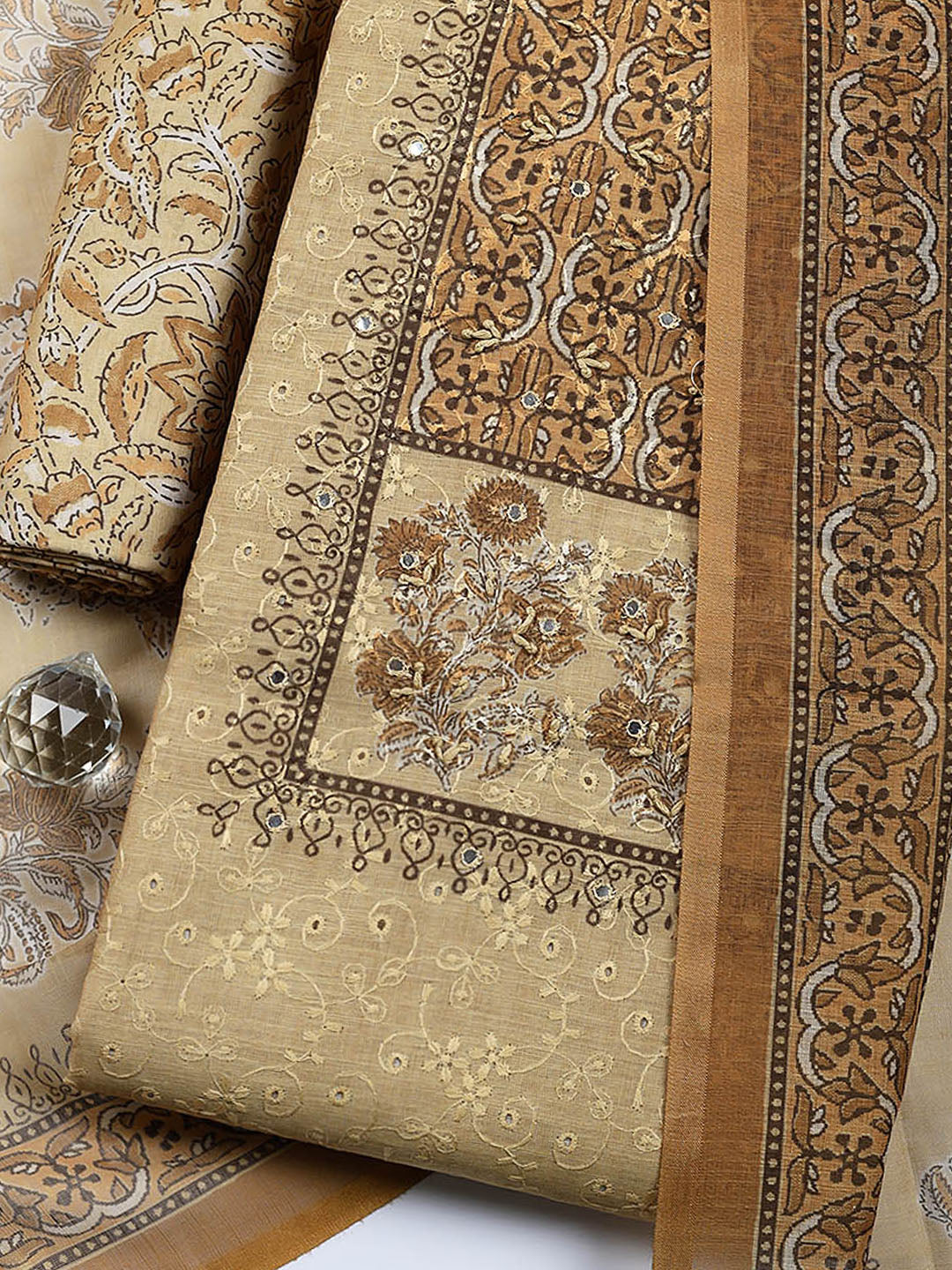 Embroidered Cotton Blend Unstitched Suit With Pant &amp; Dupatta