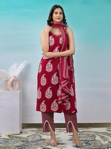 Printed Cotton Kurta With Pants & Dupatta