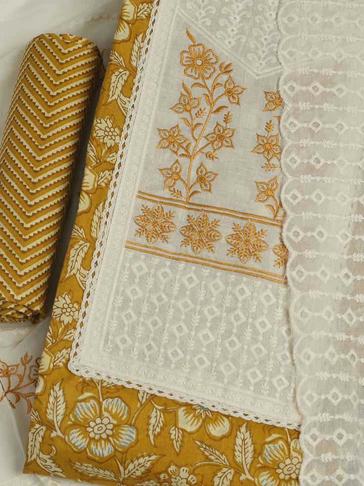 Printed Cotton Unstitched Suit With Pant &amp; Dupatta