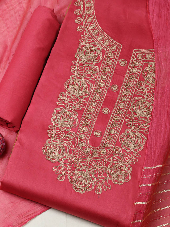 Embroidered Chanderi Unstitched Suit With Pant &amp; Dupatta