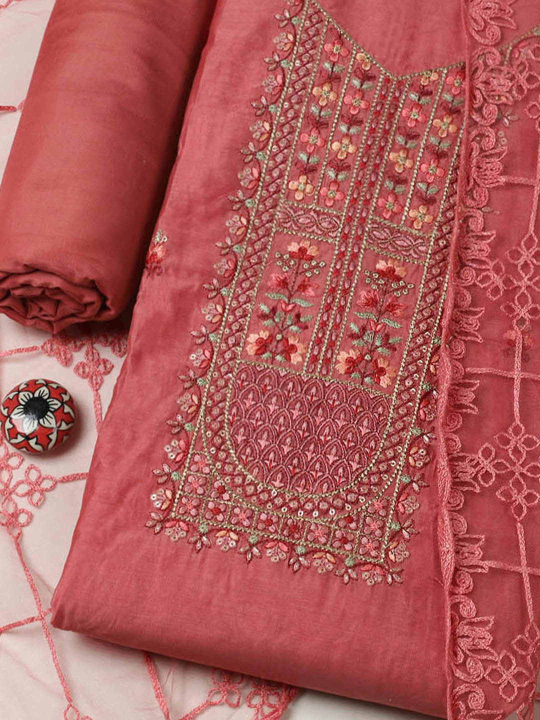 Embroidered Chanderi Unstitched Suit With Pant &amp; Dupatta