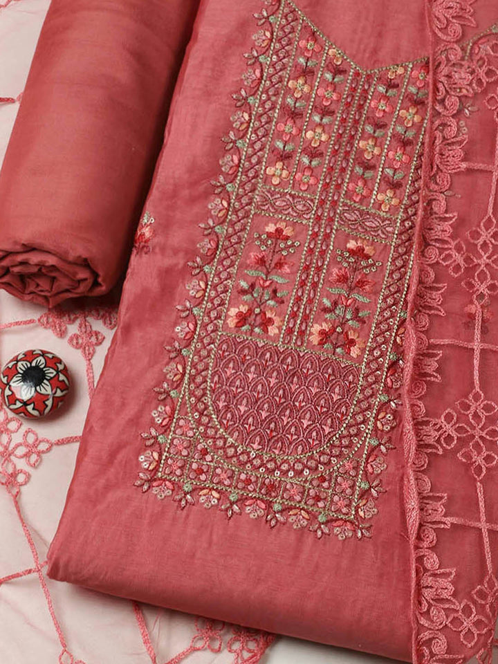Embroidered Chanderi Unstitched Suit With Pant &amp; Dupatta