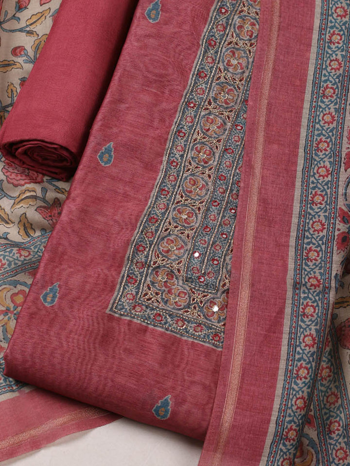 Printed Chanderi Unstitched Suit With Pant &amp; Dupatta