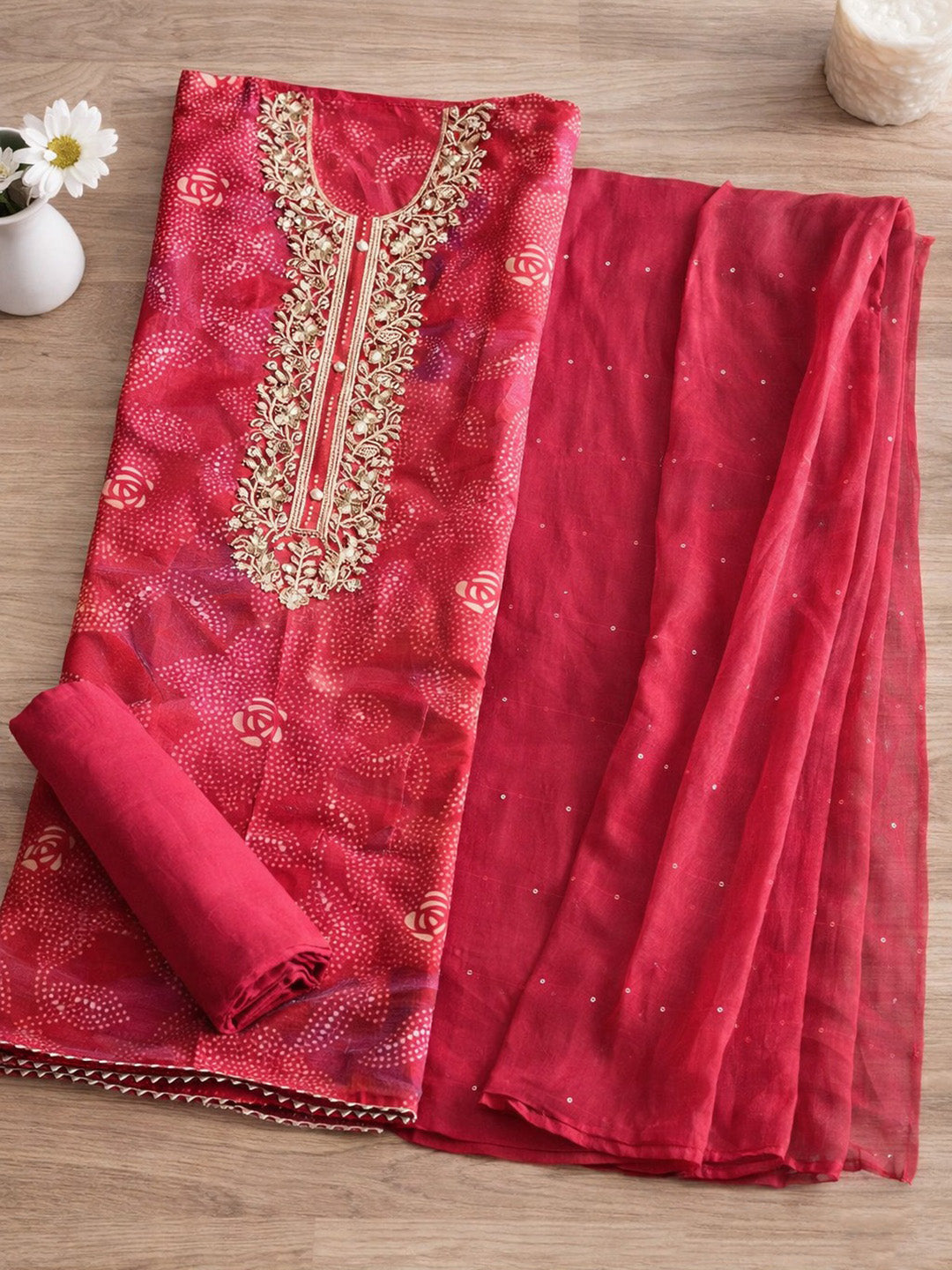 Embroidered Cotton Blend Unstitched Suit With Pant &amp; Dupatta