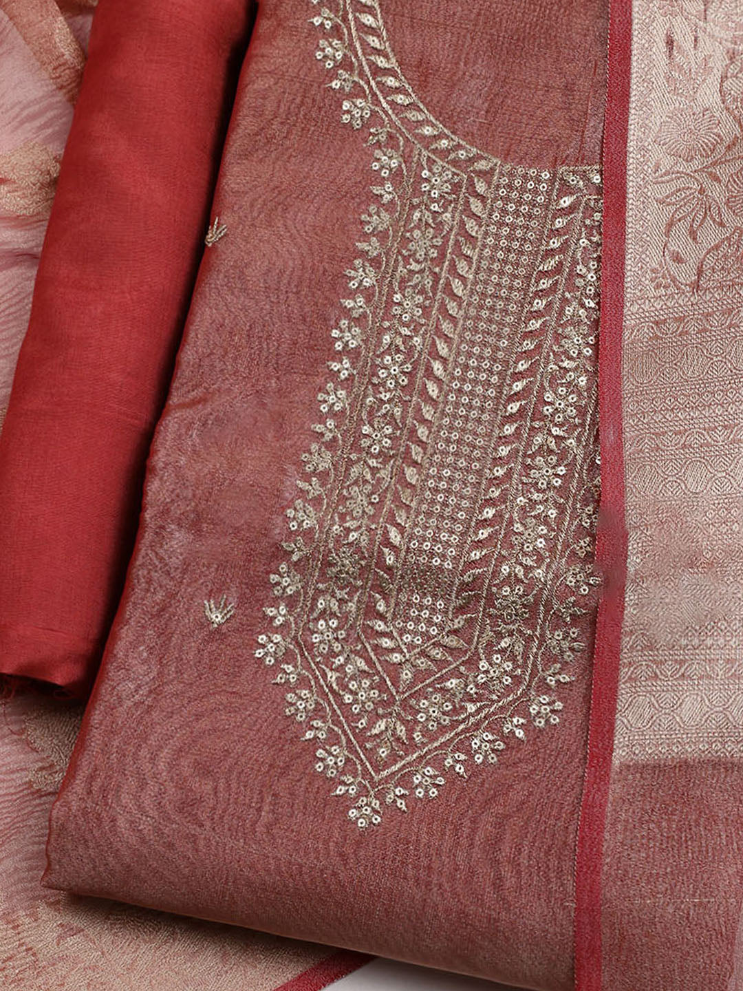 Neck Embroidered Tissue Unstitched Suit With Dupatta