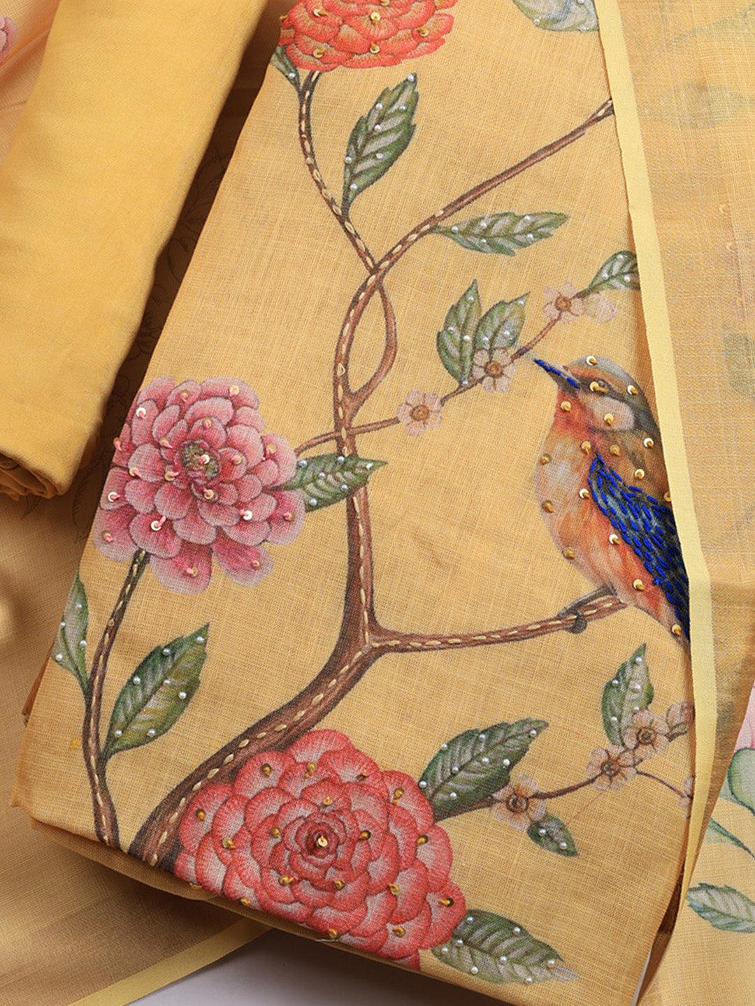 Printed Linen Blend Unstitched Suit With Pant &amp; Dupatta
