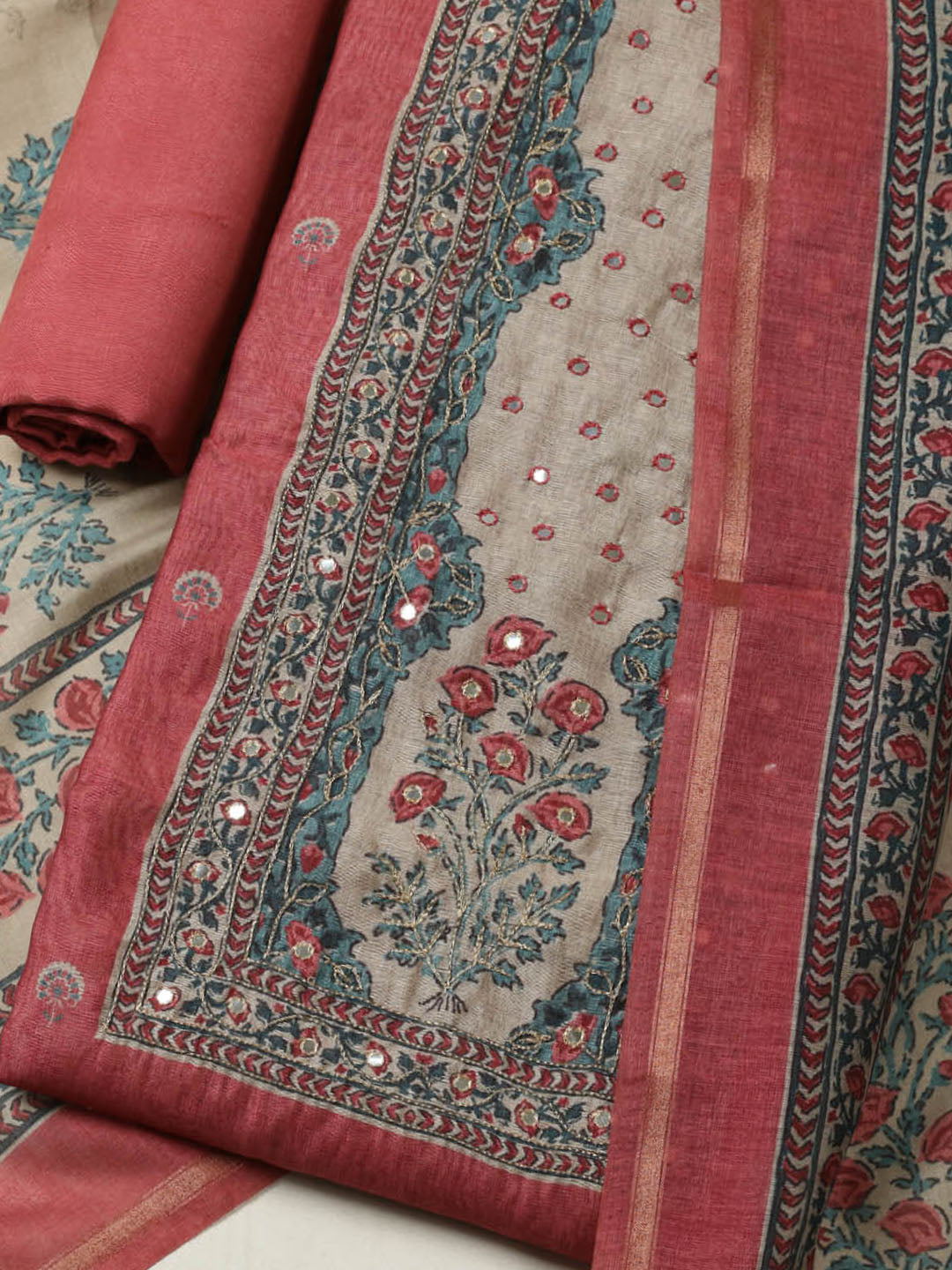 Printed Chanderi Unstitched Suit With Pant &amp; Dupatta