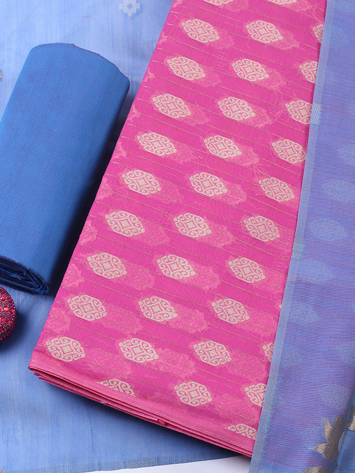 Printed Chanderi Unstitched Suit With Pant &amp; Dupatta