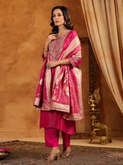 Neck Zari Embroidery Tissue Kurta With Pants & Dupatta