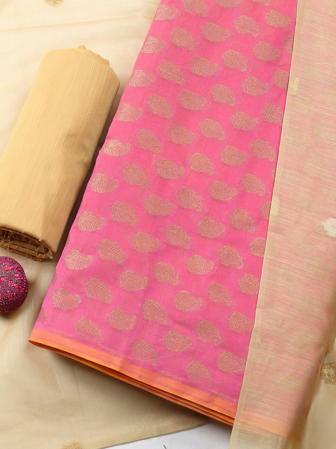 Printed Chanderi Unstitched Suit With Pant &amp; Dupatta
