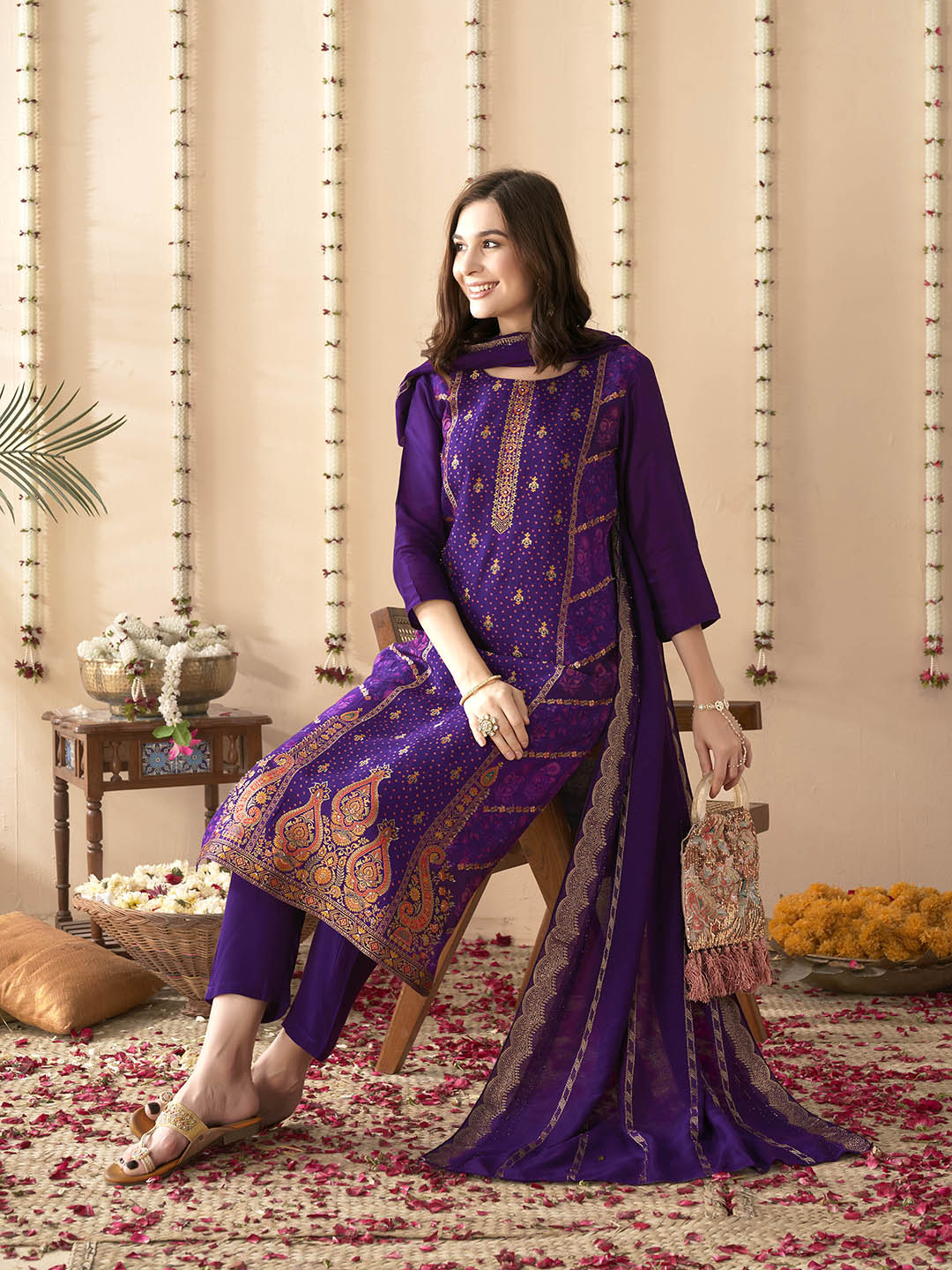 Embroidered Silk Kurta With Pant &amp; Dupatta