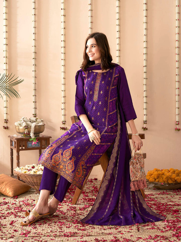 Embroidered Silk Kurta With Pant &amp; Dupatta