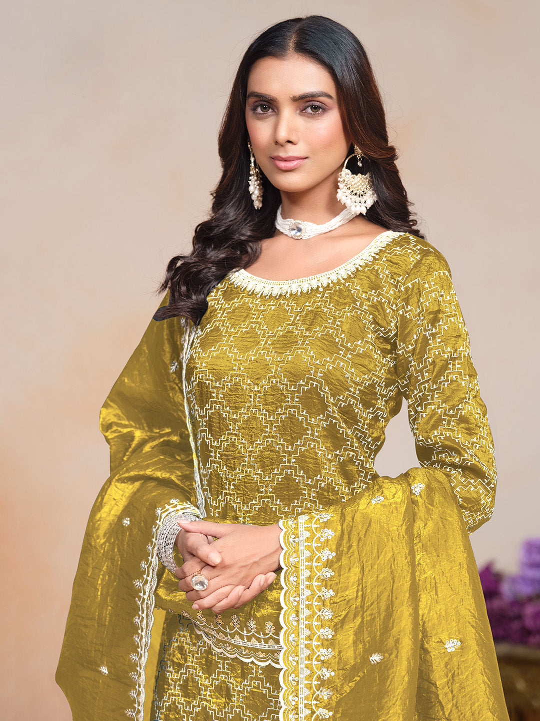 Embroidered Gold Crush Semi Stitched Kurta With Plazzo &amp; Dupatta