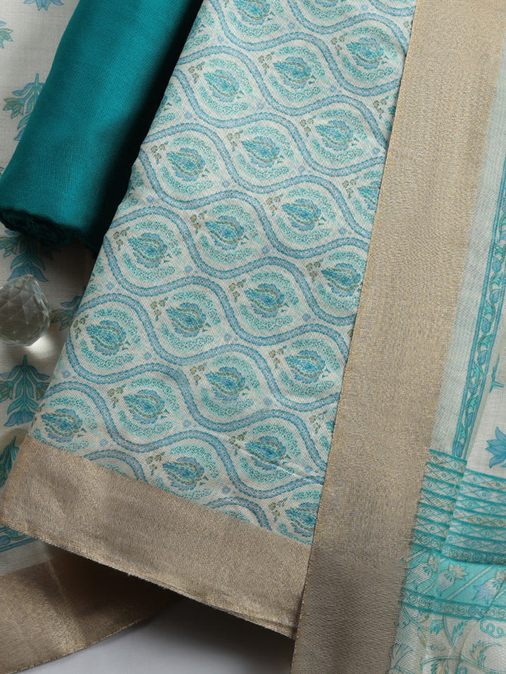 Printed, Chanderi Unstitched Suit With Pant &amp; Dupatta