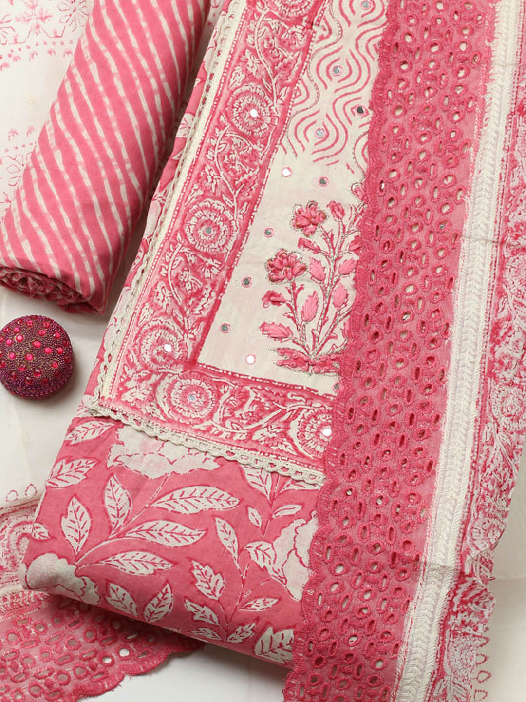 Printed Cotton Blend Unstitched Suit With Pant &amp; Dupatta