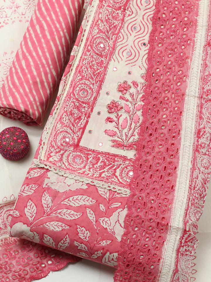 Printed Cotton Blend Unstitched Suit With Pant &amp; Dupatta