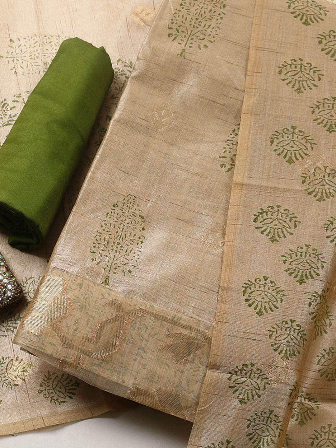 Printed Cotton Blend Unstitched Suit With Pant &amp; Dupatta