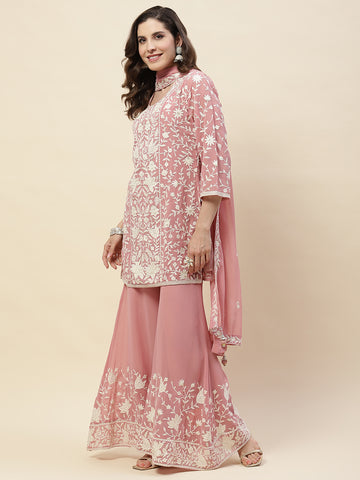 Resham Embroidery Georgette Kurta With Sharara & Dupatta