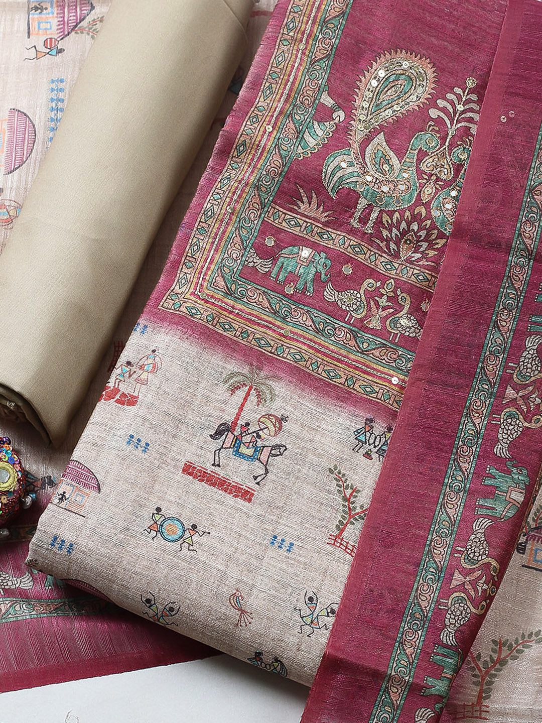 Embroidered Chanderi Unstitched Suit With Pant &amp; Dupatta