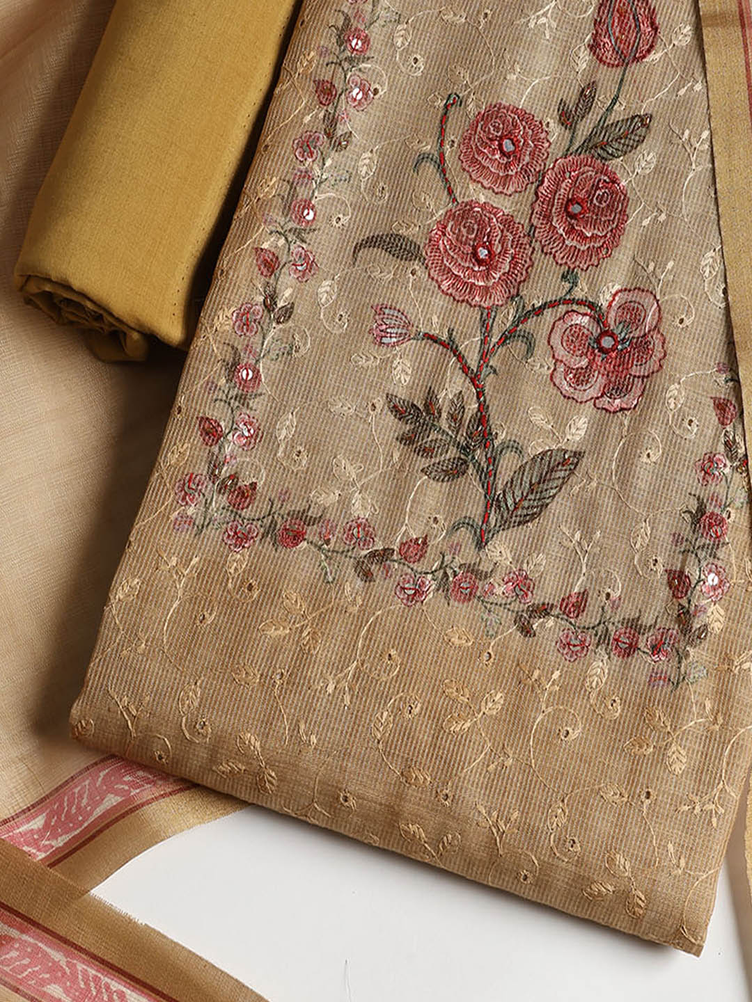 Neck Embroidered Chanderi Unstitched Suit With Dupatta