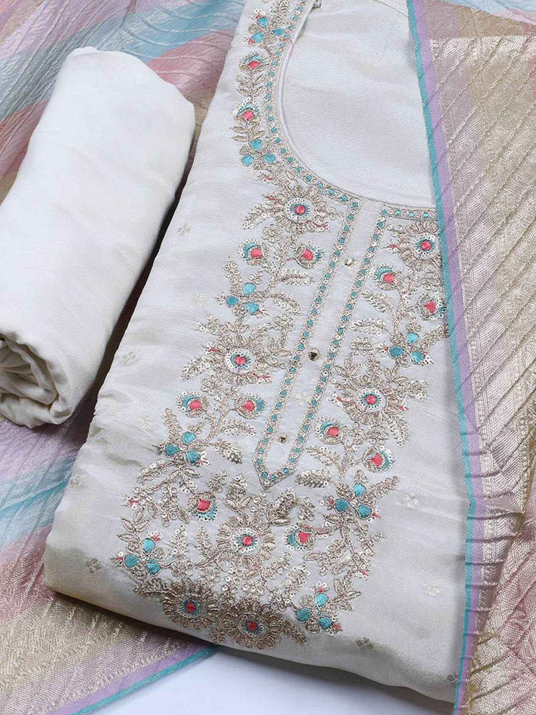 Neck Embroidered Chanderi Unstitched Suit With Dupatta