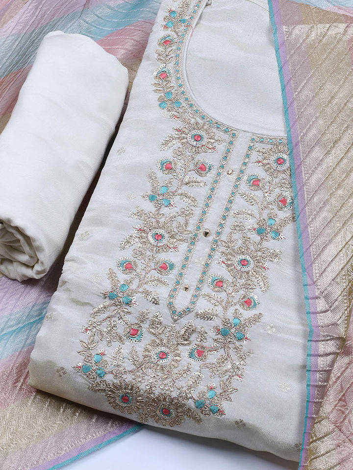 Neck Embroidered Chanderi Unstitched Suit With Dupatta