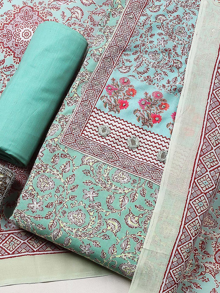 Printed Cotton Blend Unstitched Suit With Pant &amp; Dupatta