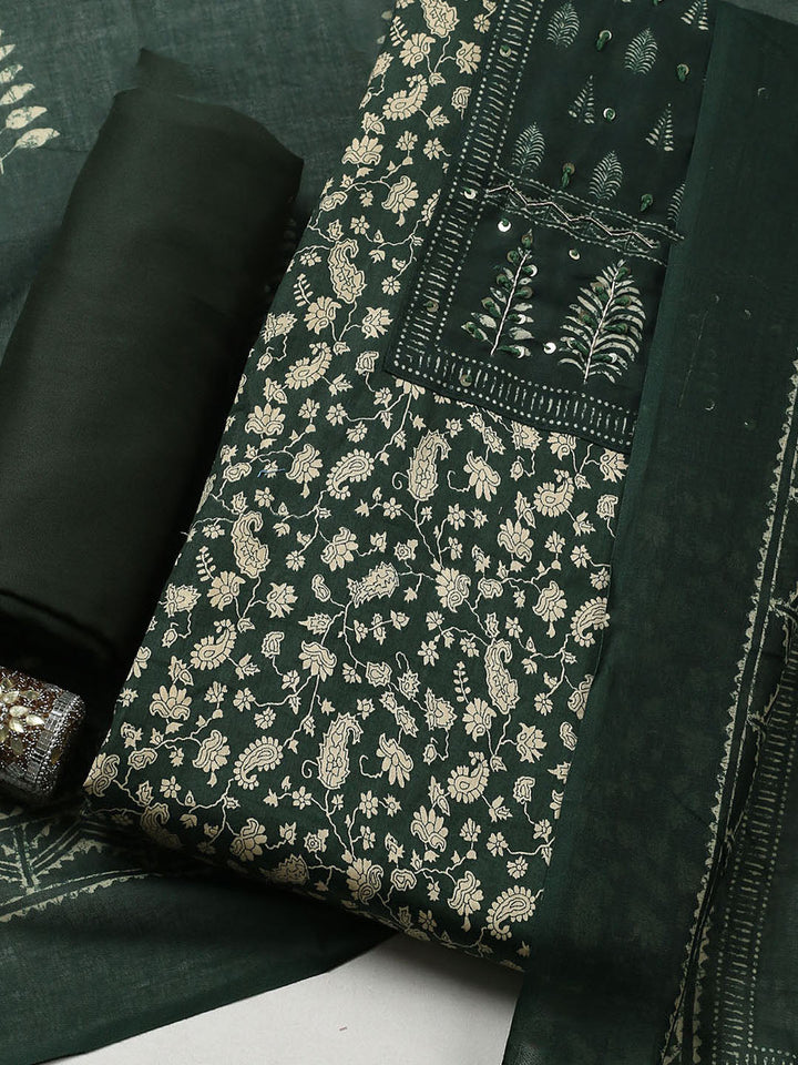 Printed Cotton Blend Unstitched Suit With Pant &amp; Dupatta