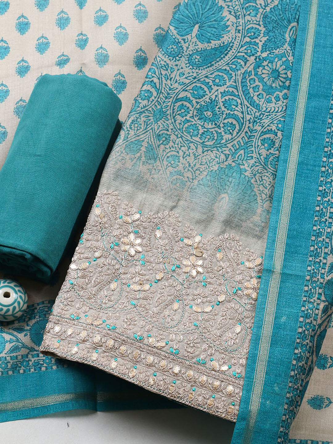 Printed Cotton Blend Unstitched Suit With Pant &amp; Dupatta