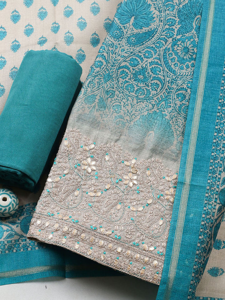 Printed Cotton Blend Unstitched Suit With Pant &amp; Dupatta