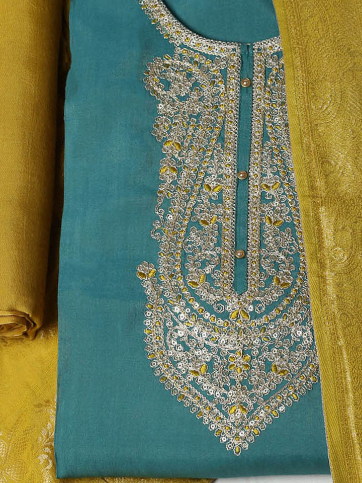 Embroidered Chanderi Unstitched Suit With Pant &amp; Dupatta