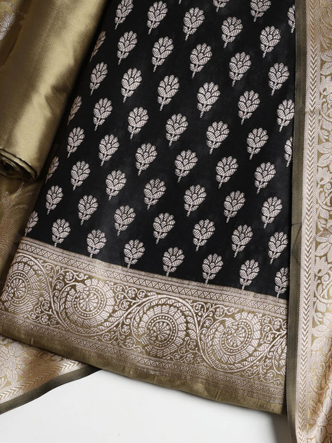 Woven Banarasi Chanderi Unstitched Suit With Dupatta
