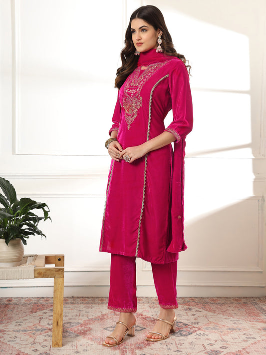 Zari Neck Embroidered Velvet Kurta With Pants & Dupatta