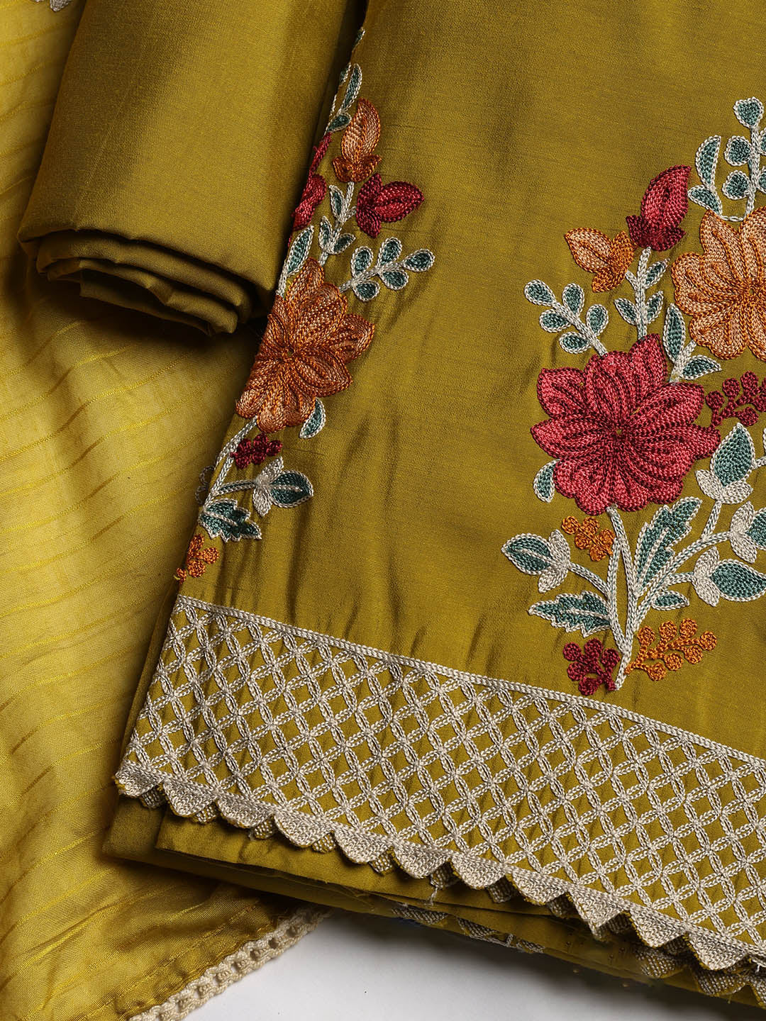 Embroidered Chanderi Unstitched Suit With Dupatta
