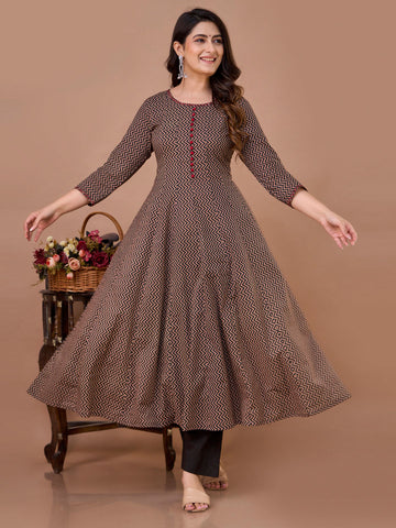 Printed Cotton Anarkali Kurta With Pants & Dupatta