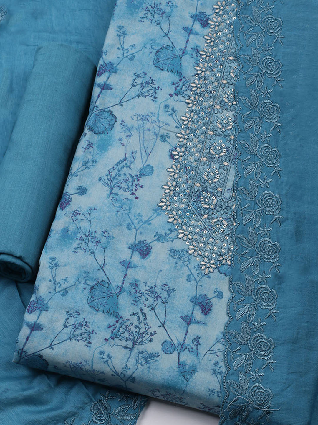Embroidered Cotton Blend Unstitched Kurta With Pant &amp; Dupatta