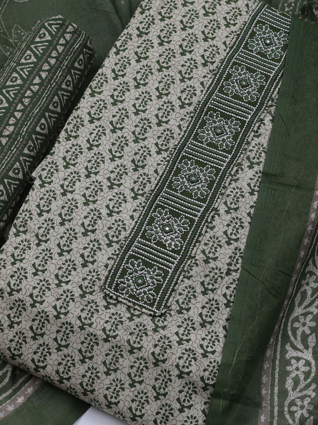 Patch Neck Cotton Blend Unstitched Suit With Dupatta