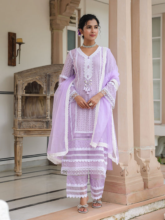 Embroidered Cotton Kurta With Pants & Dupatta