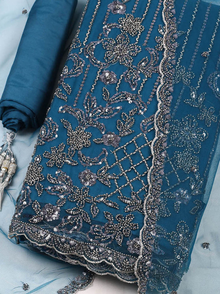 Embroidered Net Unstitched Suit With Pant &amp; Dupatta