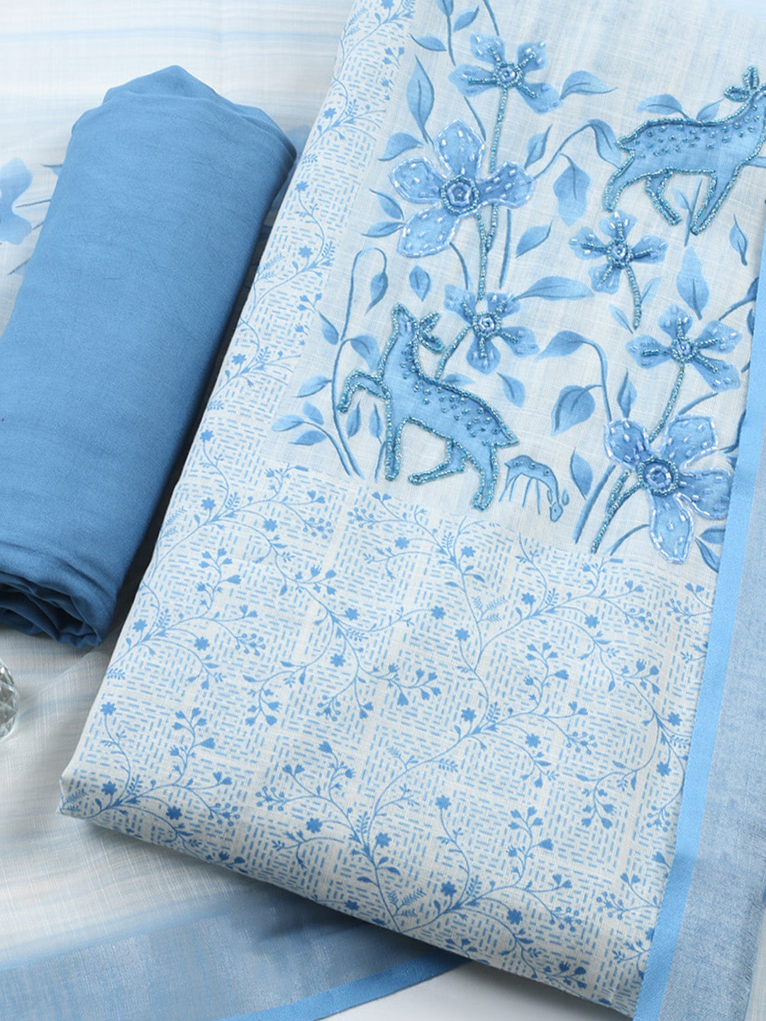 Printed Linen Blend Unstitched Suit With Pant &amp; Dupatta