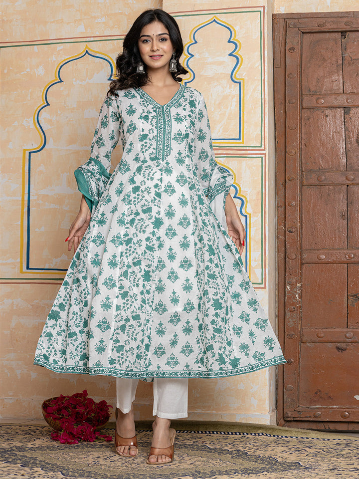 Printed Cotton Blend Kurta With Pants &amp; Dupatta