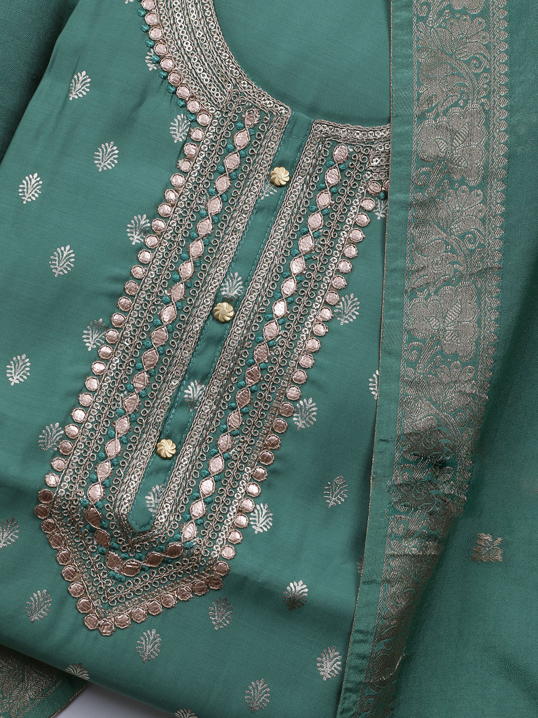 Neck Embroidered Chanderi Unstitched Suit With Dupatta