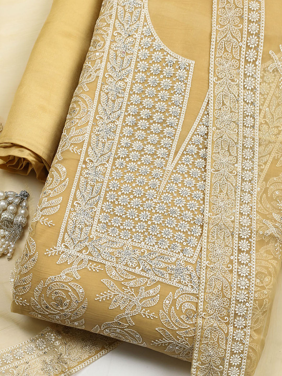 Embroidered Organza Unstitched Suit With Pant &amp; Dupatta
